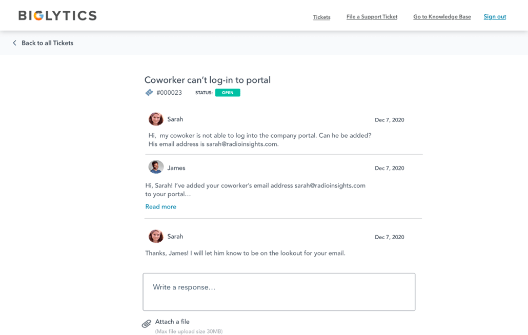 View of a customer portal ticket conversation